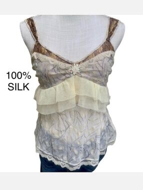 Free People Ivory and Taupe Silk Ruffled Camisole